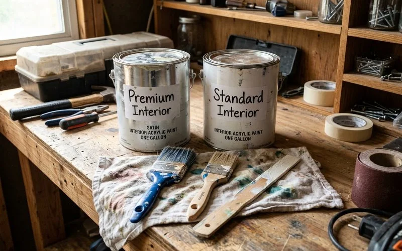 Premium and standard paint cans side by side on a garage workbench