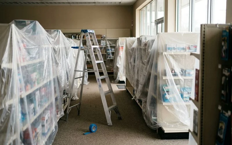 Retail shelves wrapped in protective plastic sheeting after closing