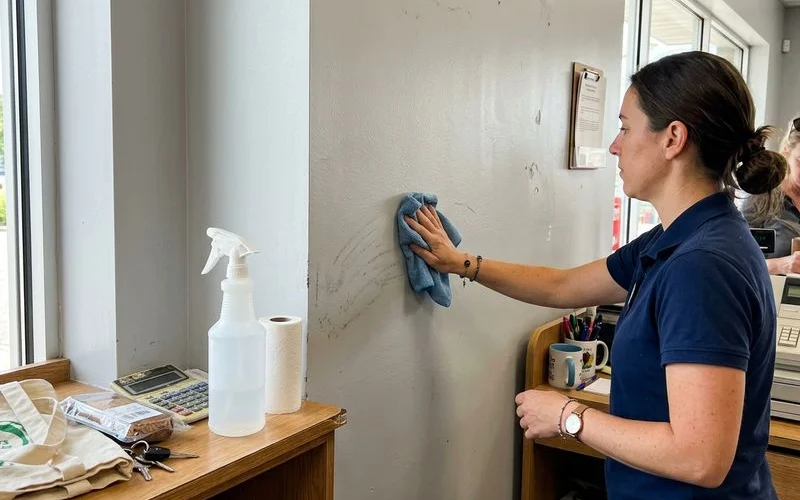 Cart marks being wiped off a satin retail wall near checkout