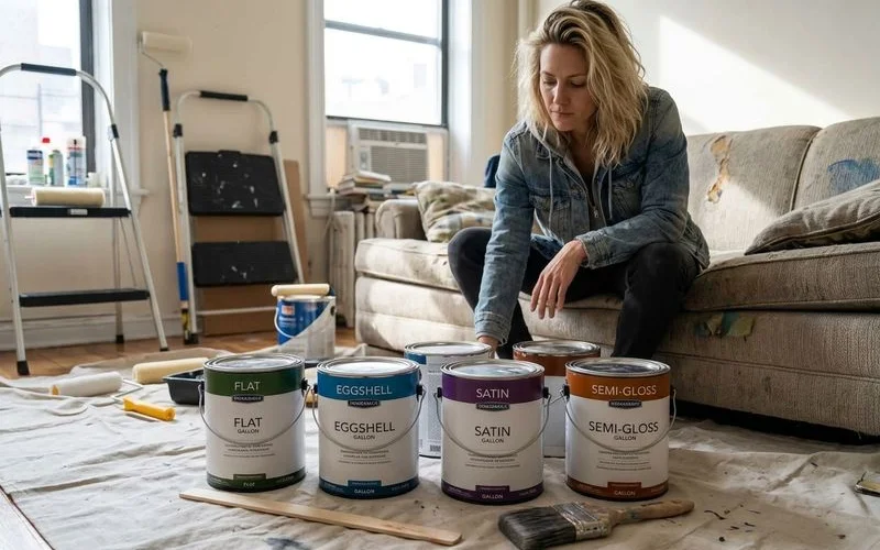 Paint cans with different sheen labels lined up on a drop cloth