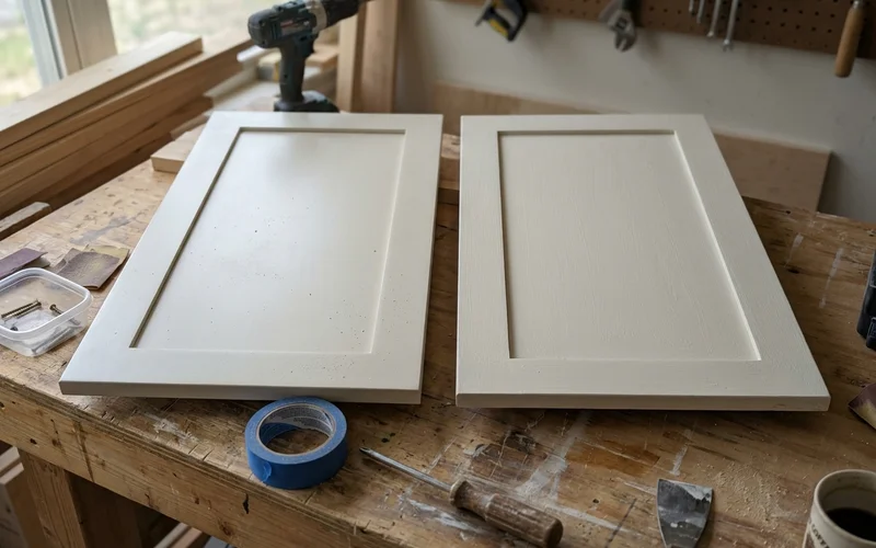 Close-up comparing a smooth sprayed cabinet door and a brushed door with faint marks
