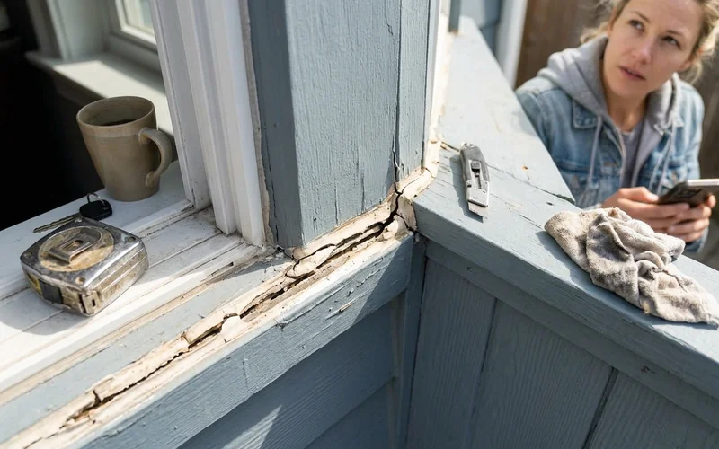 Split, shrunken caulk at a window trim corner on fiber cement siding
