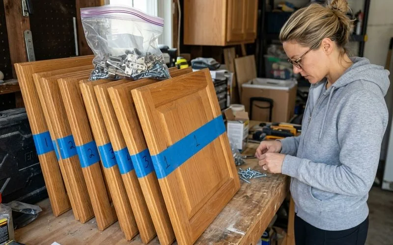 Stack of removed cabinet doors labeled with numbered tape in a garage