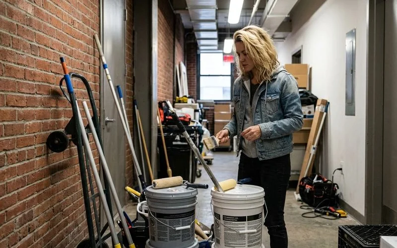 Stacked commercial paint buckets and rollers in a back hallway