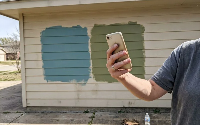 Exterior paint sample patches being photographed for an HOA submission