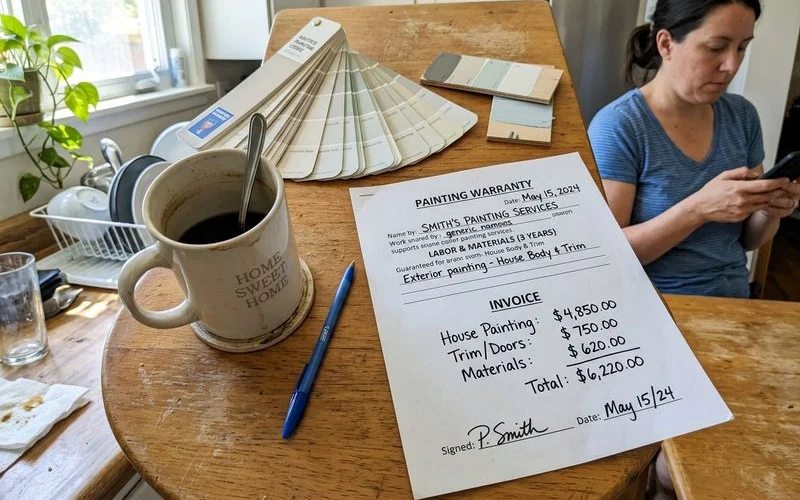 Written painting warranty and invoice on a kitchen table