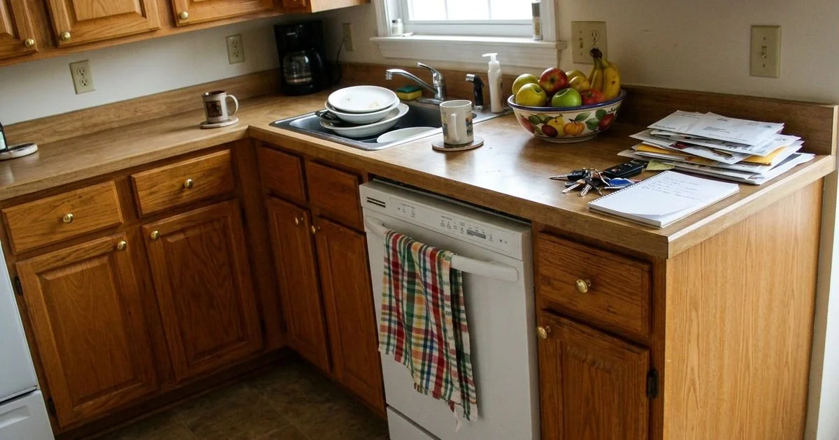 1990s honey oak kitchen cabinets in a Texas home before refinishing