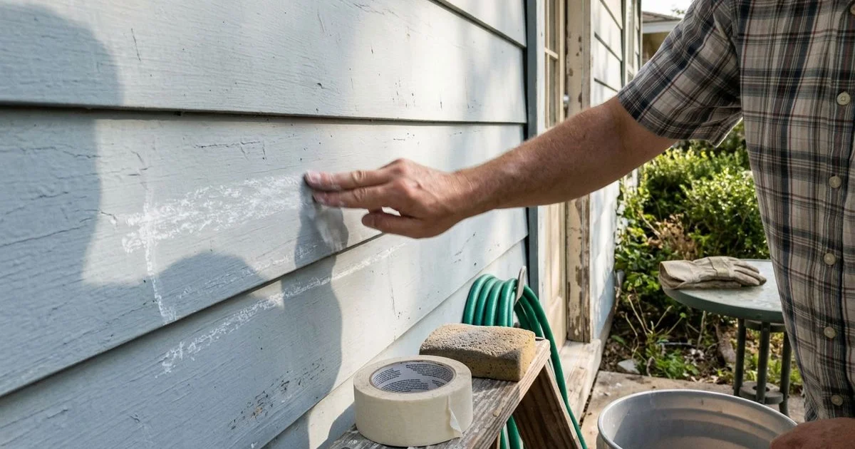 Hand wiping chalky residue from faded paint on a west-facing Texas wall