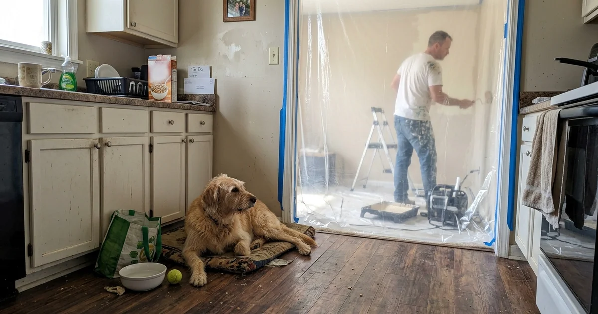 Family dog resting in the kitchen while a painter works behind plastic sheeting