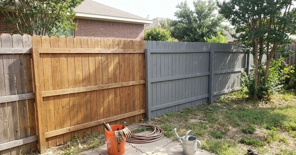 Fence with semi-transparent cedar-tone stain next to a section in solid gray stain
