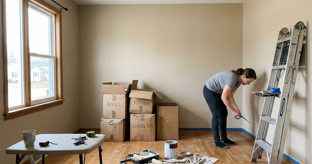 Freshly painted neutral living room with moving boxes stacked by the wall