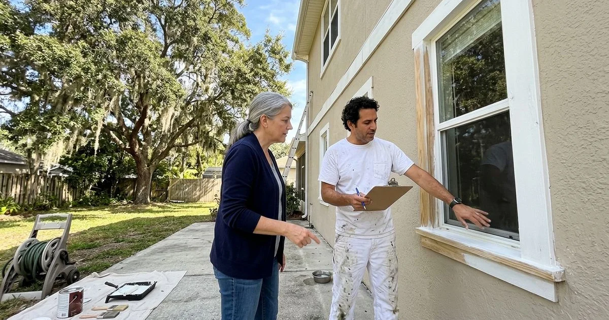 Homeowner and painter inspecting exterior trim together during a walkthrough