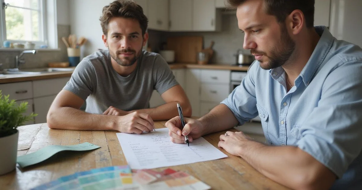 Homeowner reviewing a written painting quote at the kitchen table with a painter