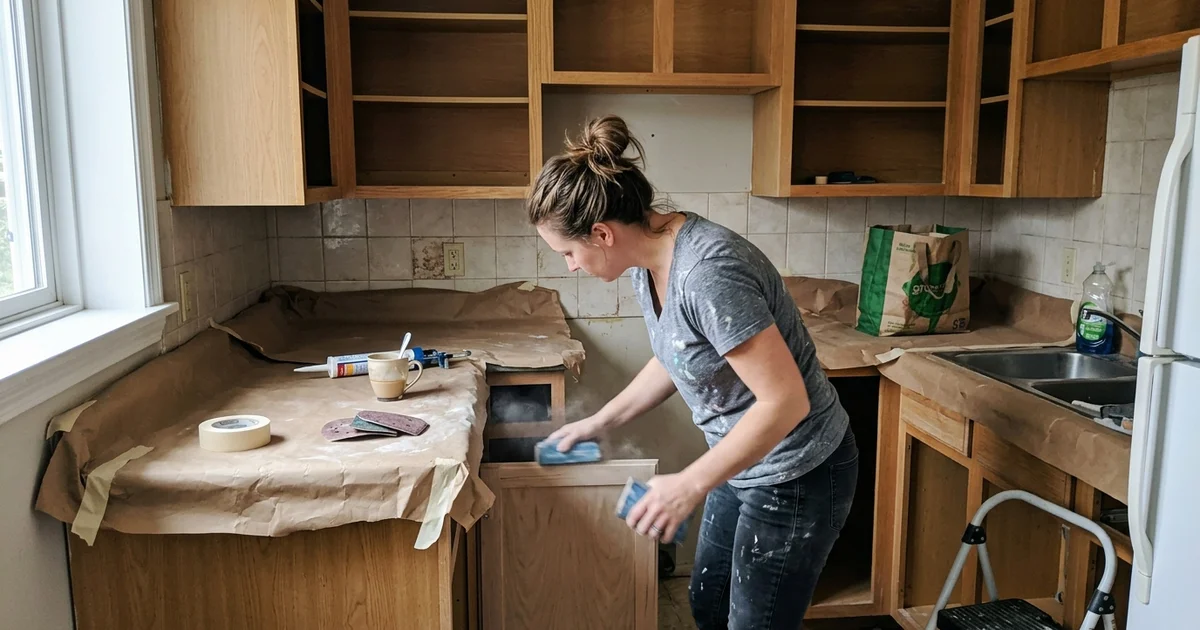 Kitchen with cabinet doors removed, counters covered and a painter sanding boxes