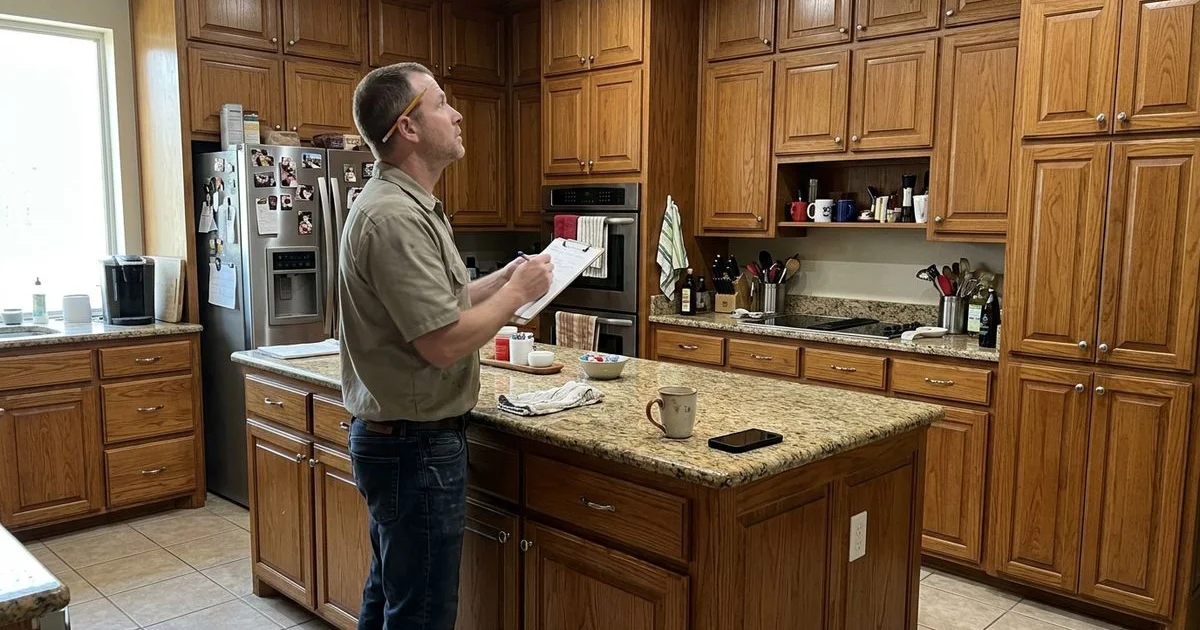 Large Texas kitchen with an island and many cabinet doors ready for painting
