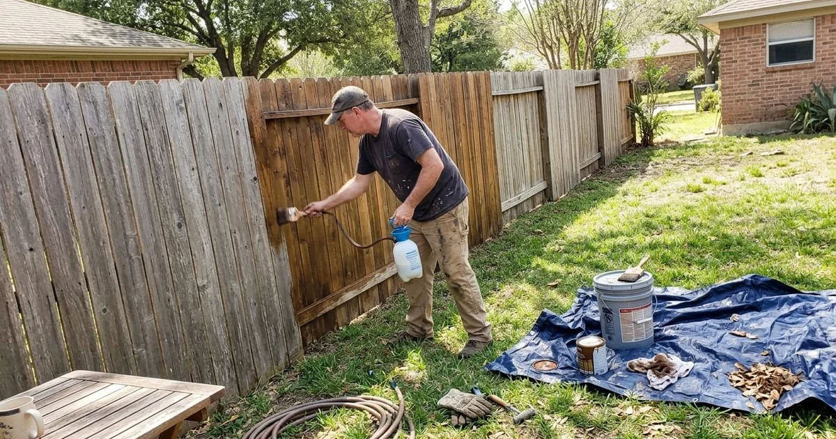 Long backyard cedar fence being stained with a sprayer and back-brush