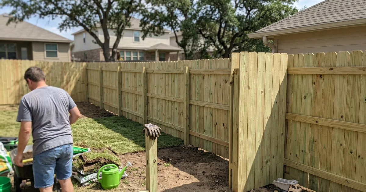 Newly built pressure-treated pine fence in a new subdivision backyard