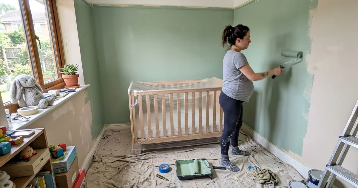 Nursery being painted a soft color with the crib wrapped in plastic