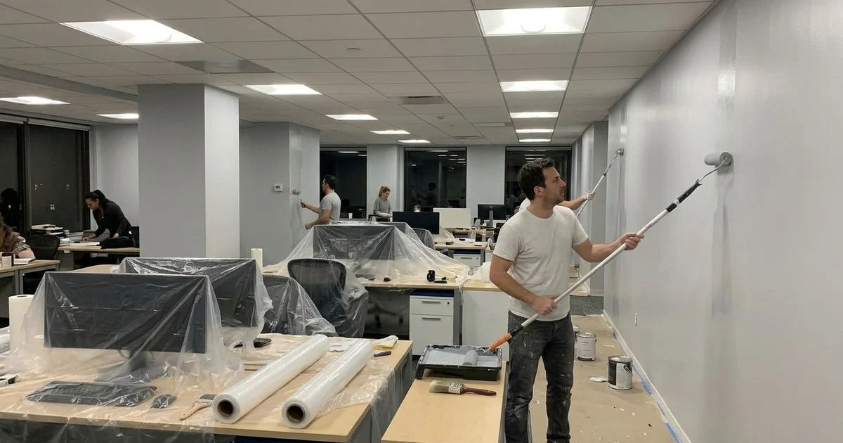 Office building at night with desks wrapped in plastic sheeting and a painter working