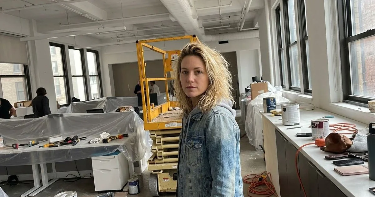 Open-plan office with a high exposed ceiling and a scissor lift set up for painting