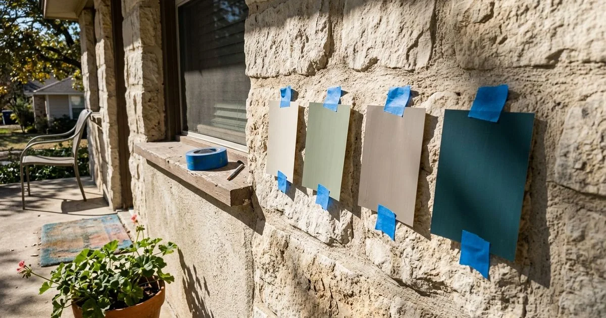 Paint sample swatches taped to a limestone-accented exterior wall in bright afternoon sun