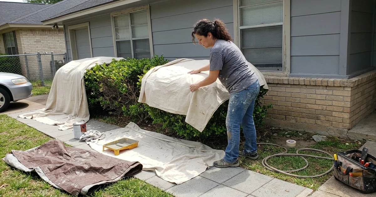 Painter covering shrubs and a walkway with drop cloths before exterior painting