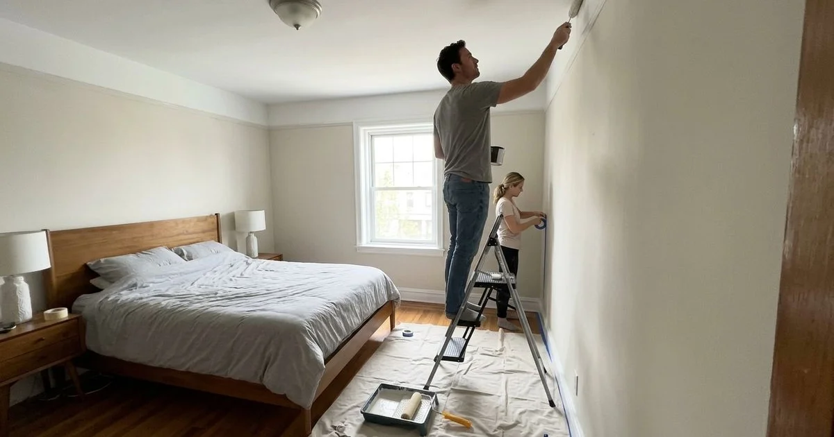 Painter cutting in along the ceiling line in a bedroom with a step ladder nearby