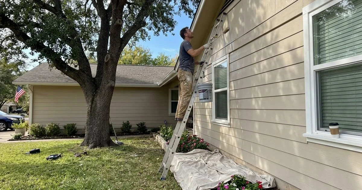 Painter on a ladder repainting siding of a Central Texas home on a clear fall morning