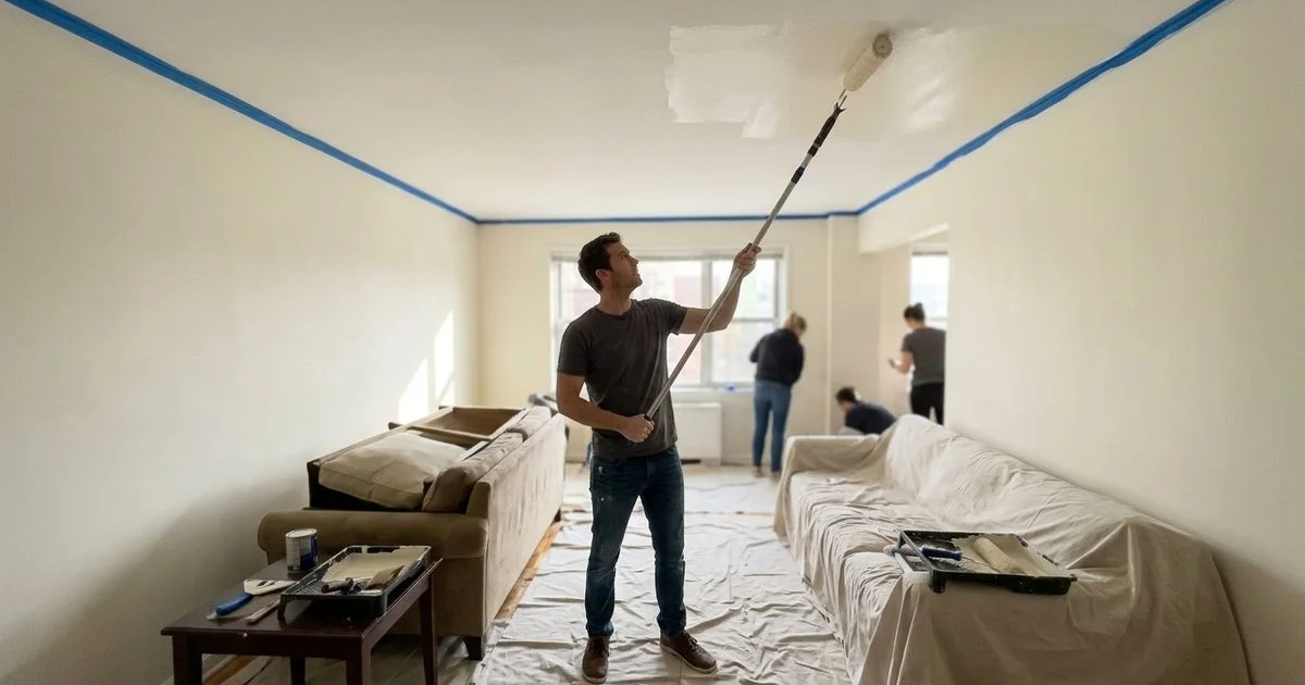 Painter rolling a ceiling on an extension pole with walls taped below
