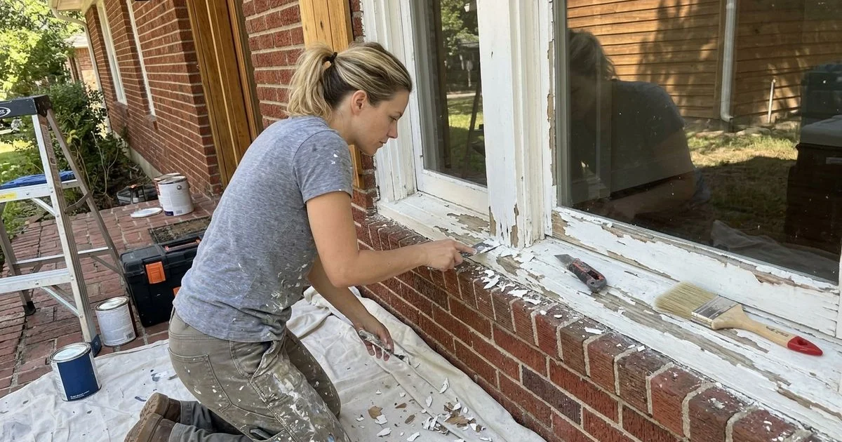 Painter scraping loose paint off wood trim on a Central Texas house, paint chips on the drop cloth below