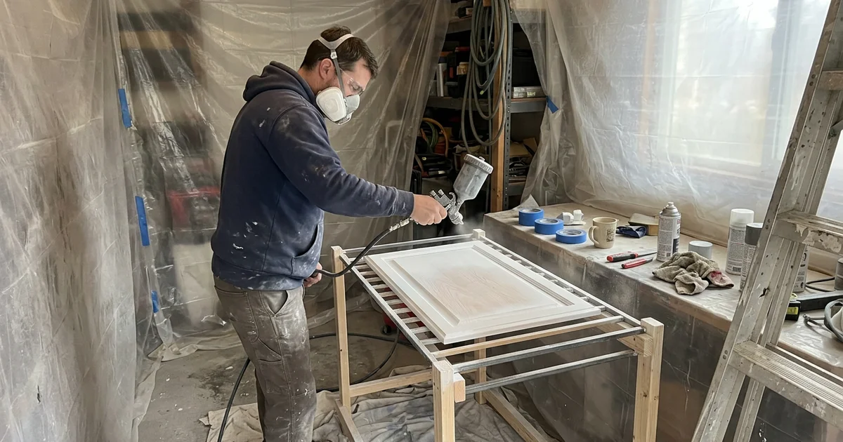 Painter spraying a cabinet door with an HVLP gun on a drying rack in a garage
