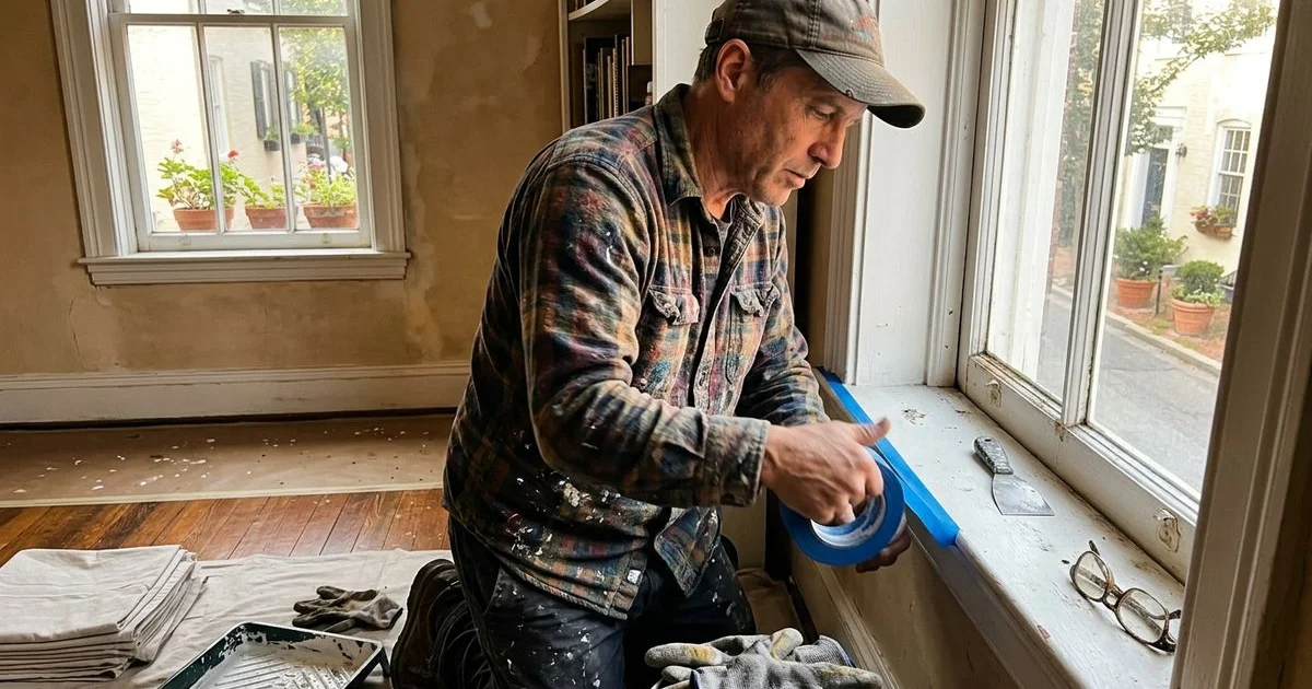 Field Superintendent checking masking tape on window trim before painting begins