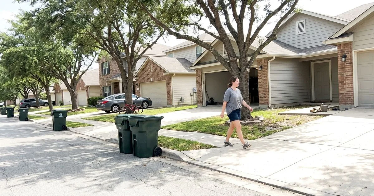 Row of suburban Texas homes in muted approved colors on a quiet HOA street