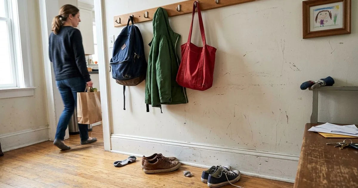 Scuffed hallway wall near a backpack hook in a lived-in family home