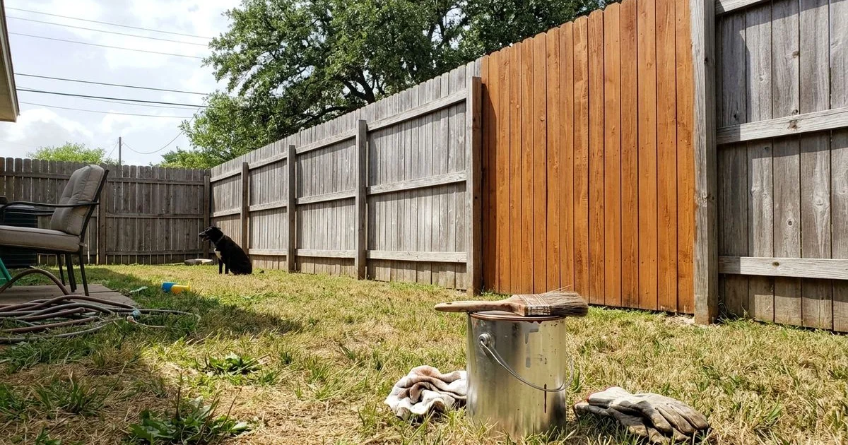 Sun-grayed cedar privacy fence in a Texas backyard with a half-stained section