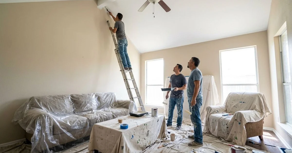 Tall vaulted living room in a Texas home being painted from a tall ladder