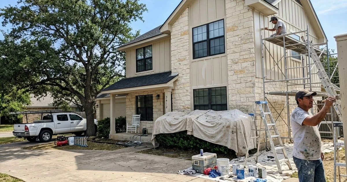 Two-story Central Texas home with scaffolding and ladders during an exterior repaint