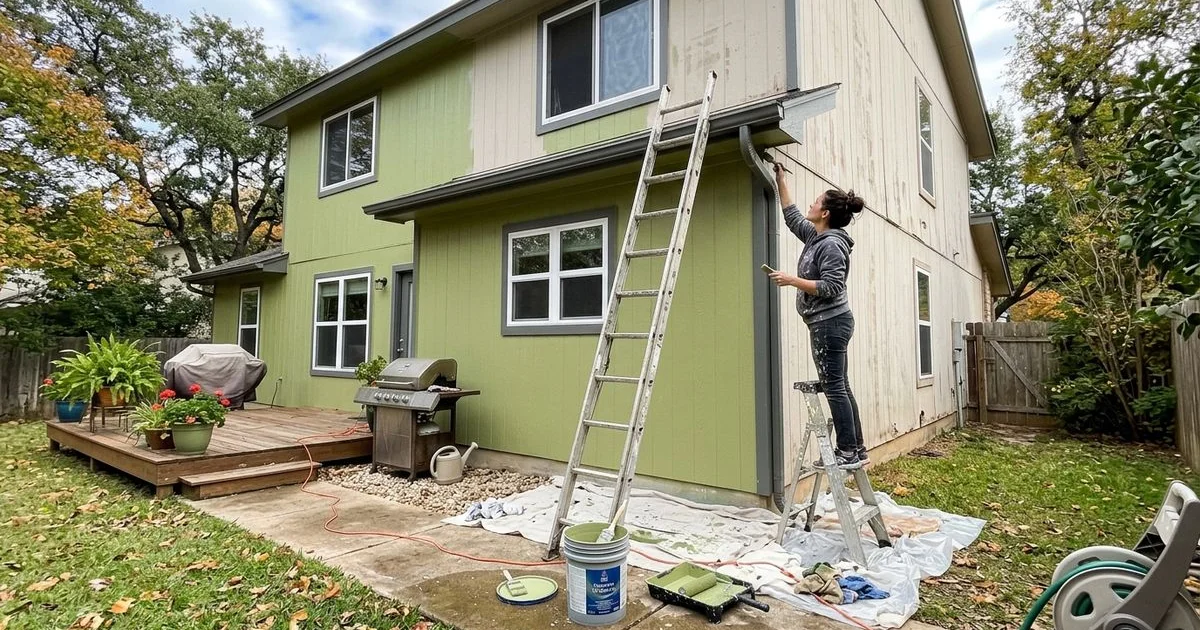 Two-story fiber cement house mid-repaint with a ladder against the wall on a fall morning