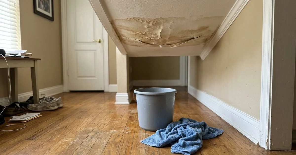 Water-stained, sagging ceiling drywall with a bucket on the floor below