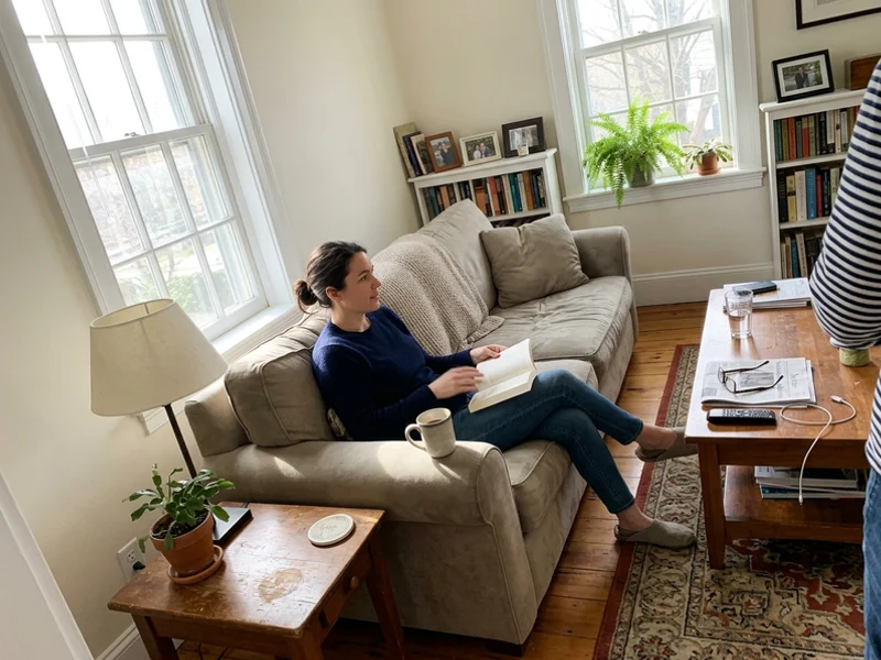 Finished living room in warm white eggshell paint with glossy trim