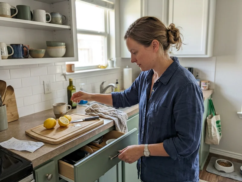 Homeowner opening a smooth painted cabinet drawer in a bright kitchen