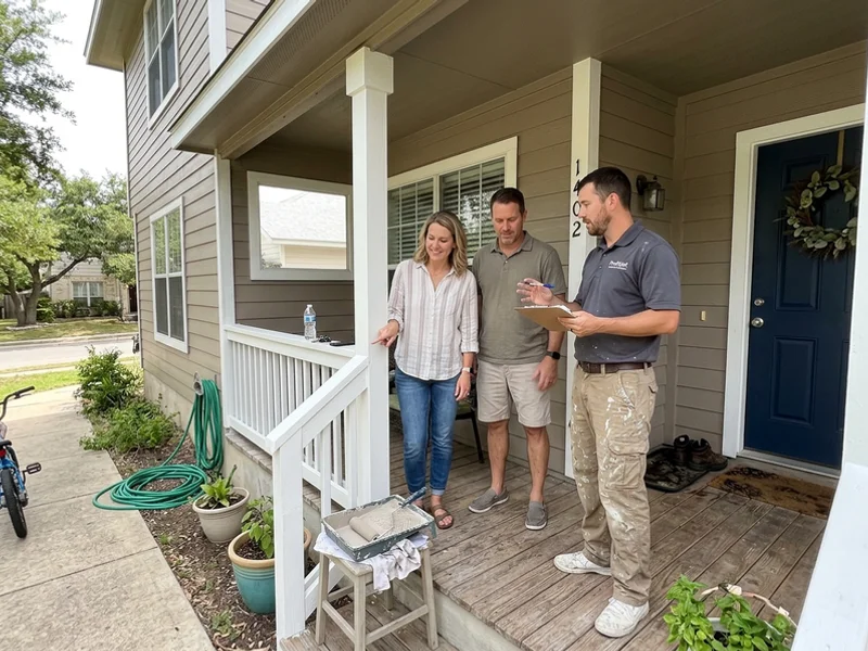 Homeowners and a painter doing a final walkthrough on the porch of a freshly painted home