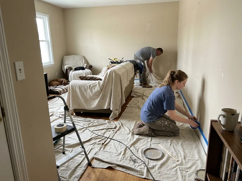 Painting crew laying drop cloths and taping trim before an interior repaint