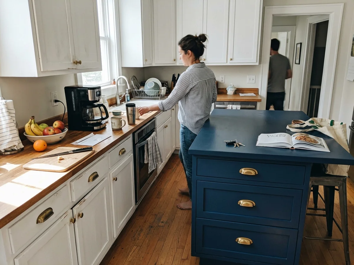 Austin kitchen with freshly painted white cabinets and a deep blue island