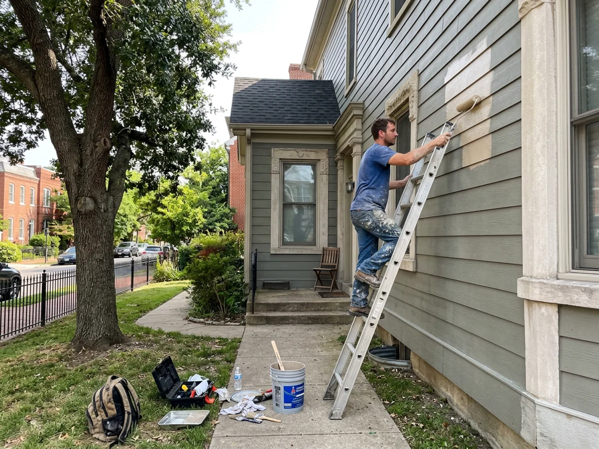 Painter rolling fresh paint onto fiber cement siding of an Austin home with limestone accents