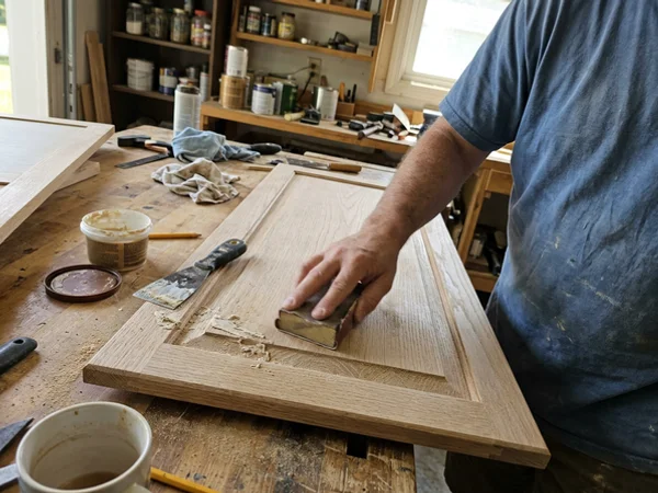 Applying grain filler to an oak cabinet door