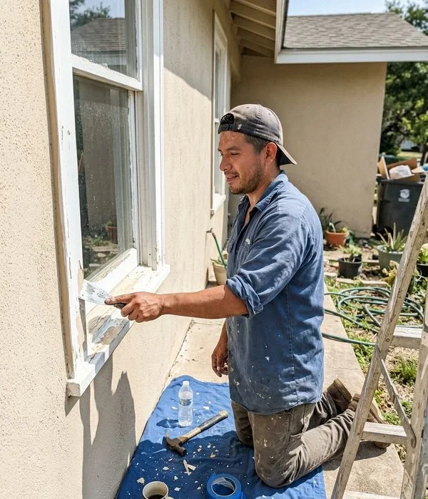 Crew lead scraping old paint from window trim on a Central Texas house