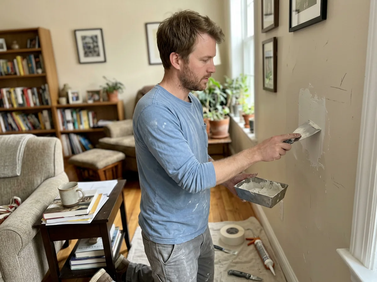 Painter feathering joint compound over a drywall patch in a living room