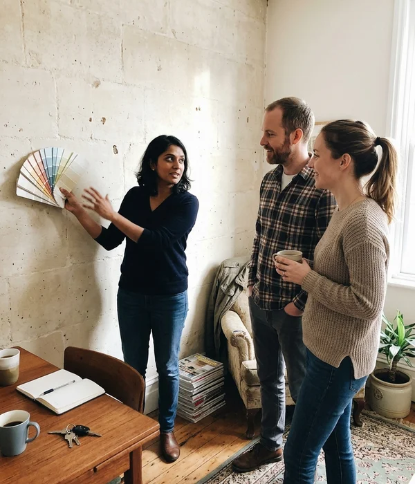Founder Marisol Reyes holding color swatches against a limestone wall during a consultation