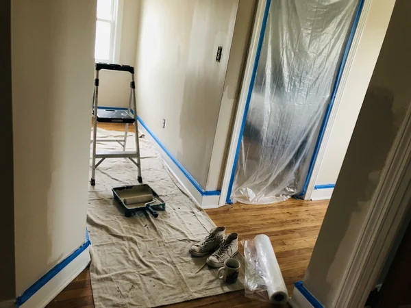Hallway taped and protected mid-project